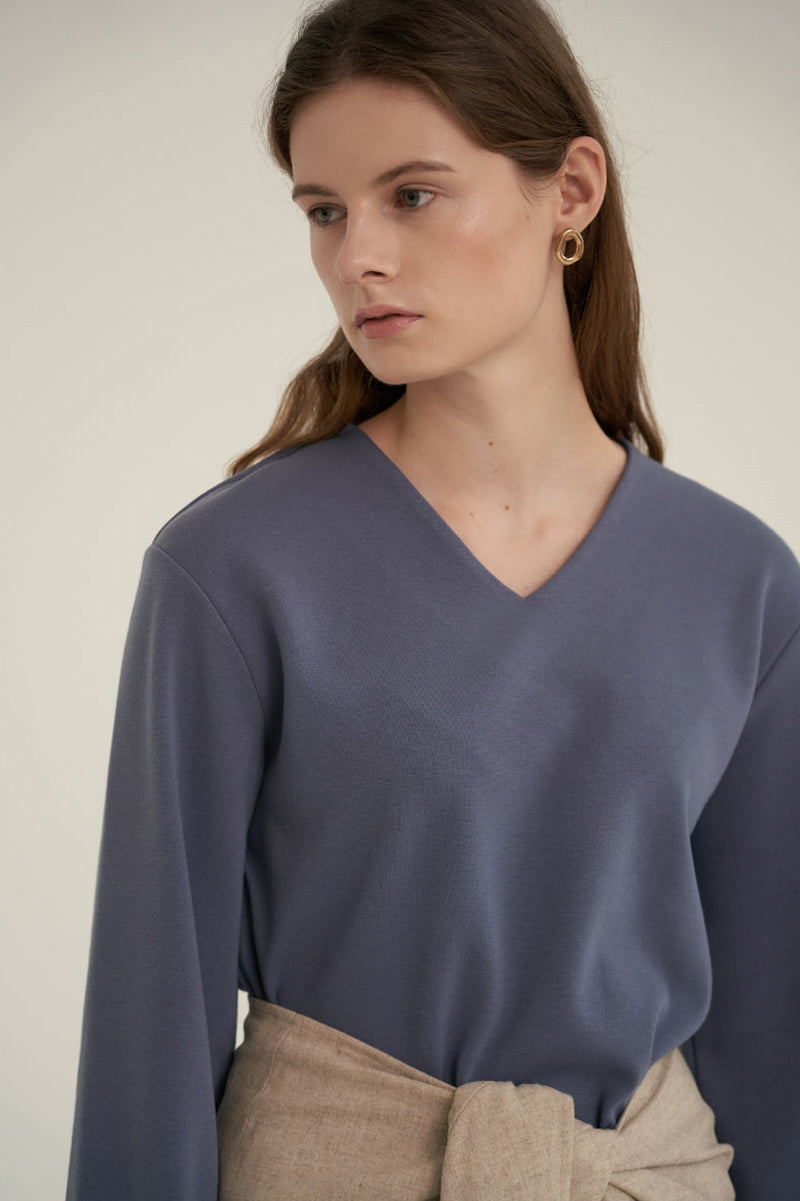 V-Neck Simple Top Dusty Blue