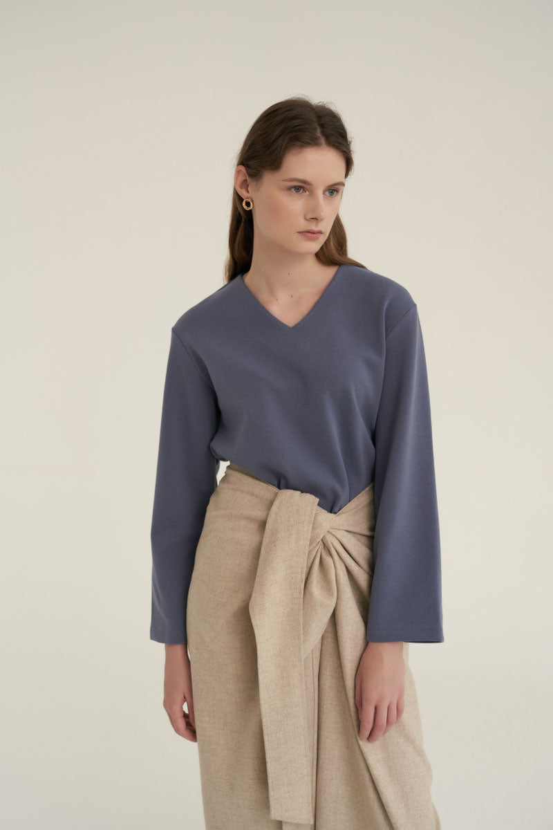 V-Neck Simple Top Dusty Blue