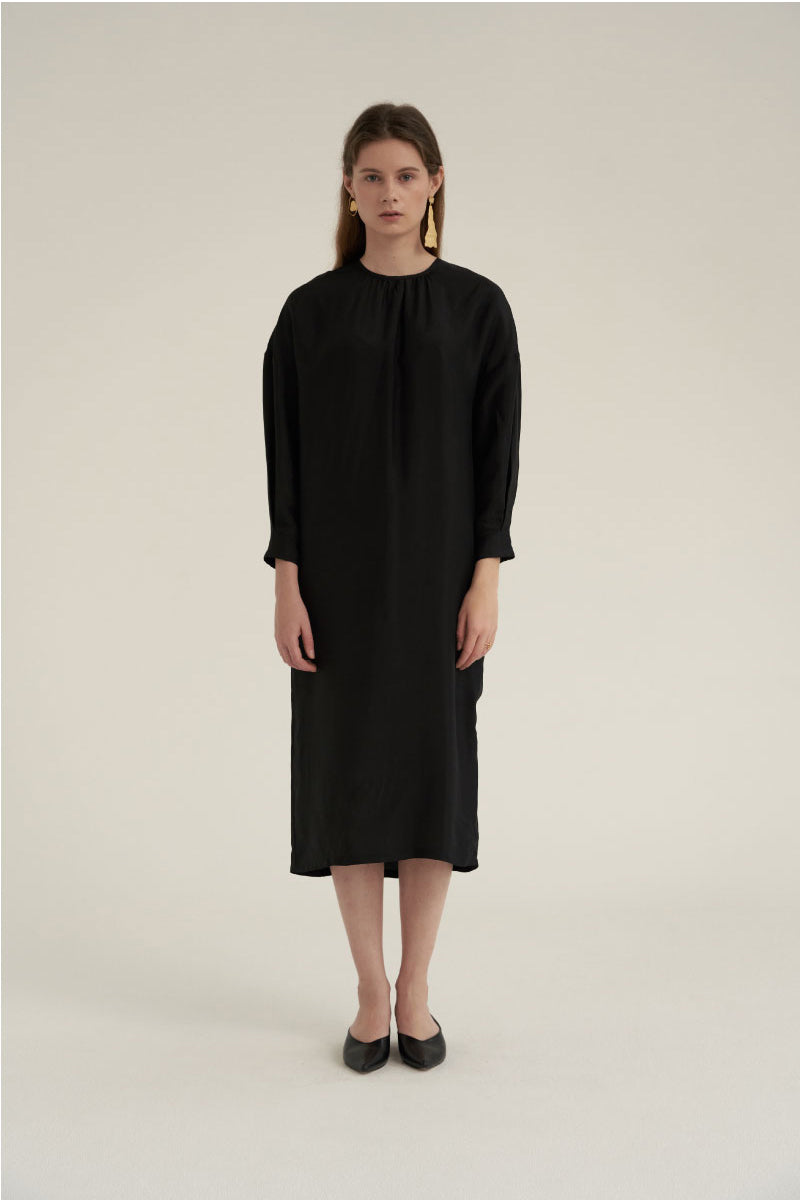 Shirring Neck Comfort Dress Black