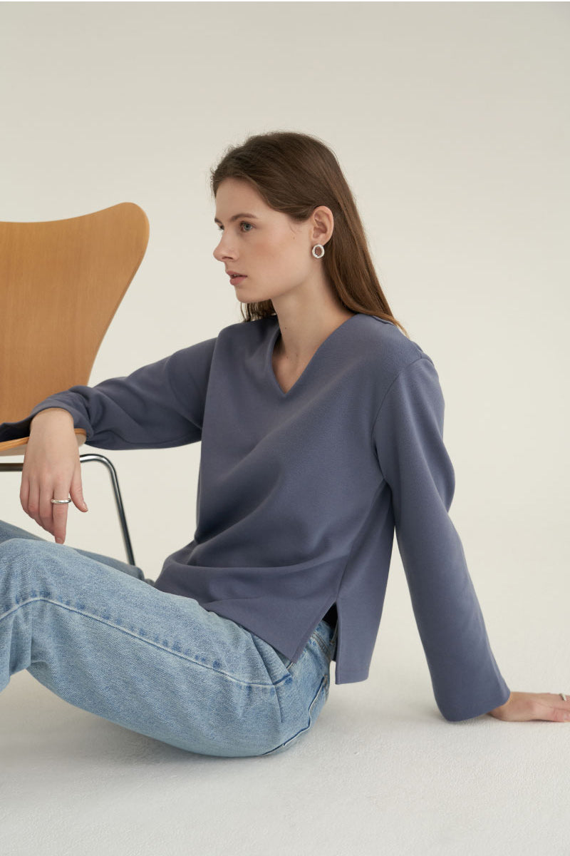 V-Neck Simple Top Dusty Blue