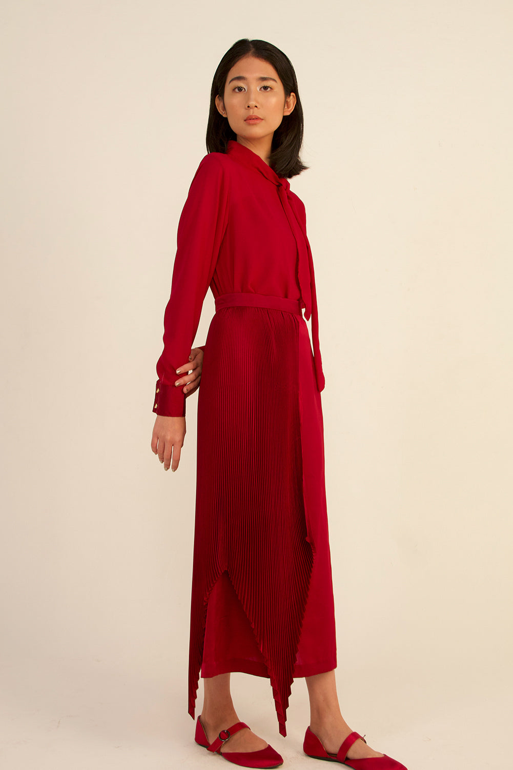 Carmine Ribbon Tie Neck Top