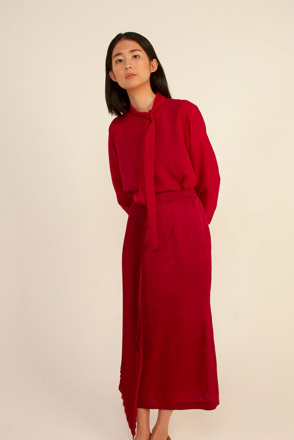 Carmine Ribbon Tie Neck Top