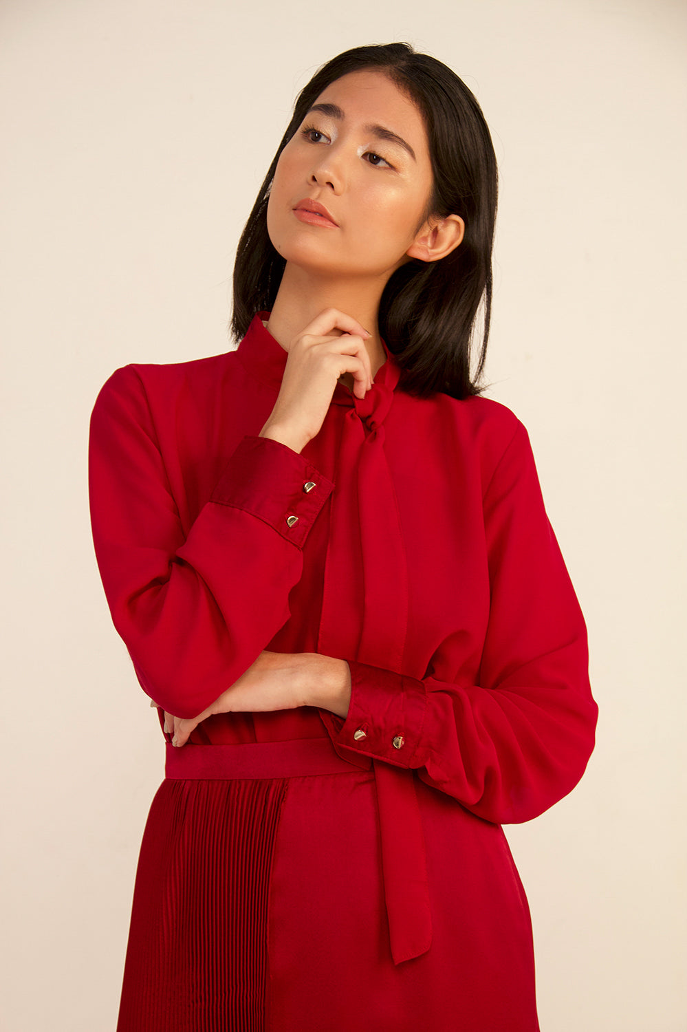 Carmine Ribbon Tie Neck Top