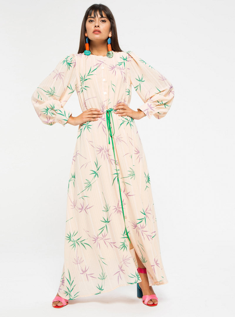 Leaf Print Dress with Belt