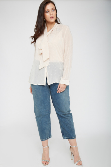 Plus Size Nude Pussybow Blouse With Polka Dots