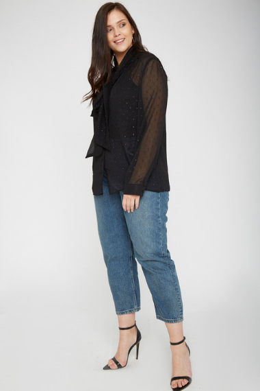 Plus Size Black Pussybow Blouse With Polka Dots