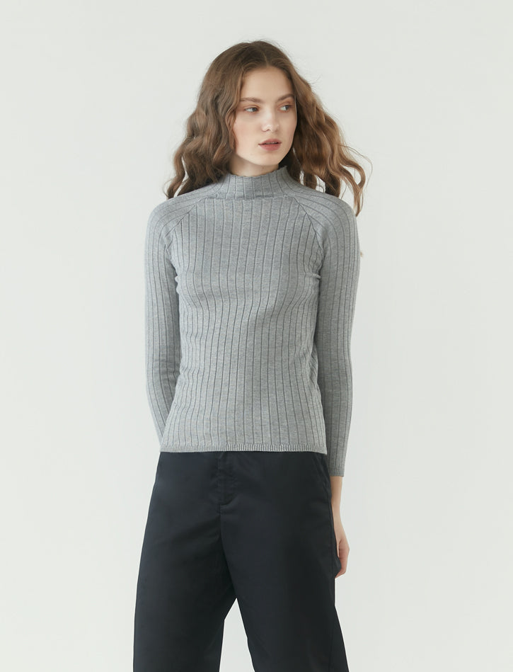 Ribbed Knit Long Sleeve Top - Heather Grey