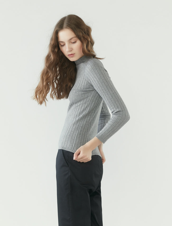 Ribbed Knit Long Sleeve Top - Heather Grey