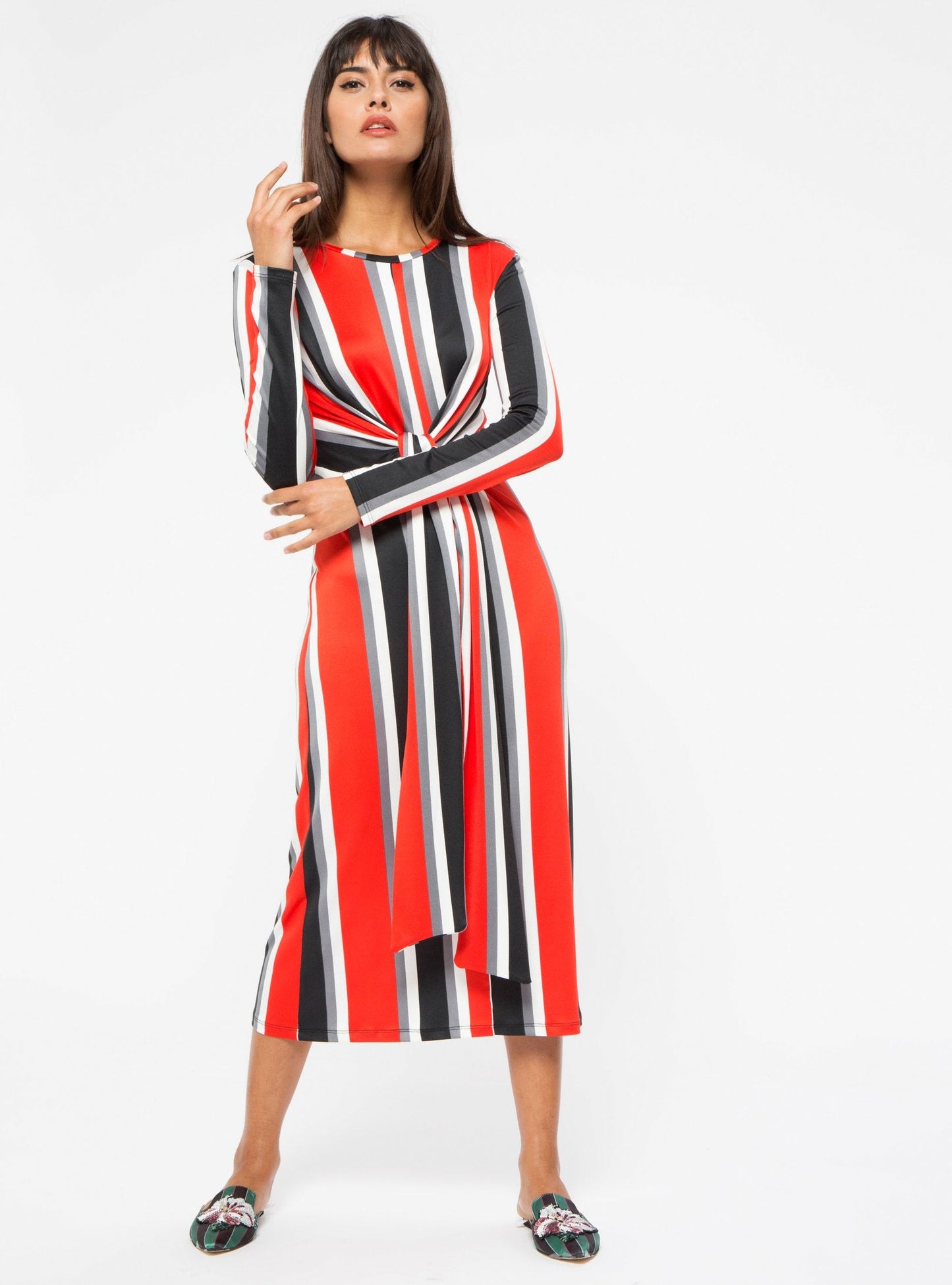 Red Tie Front Stripe Midi Dress