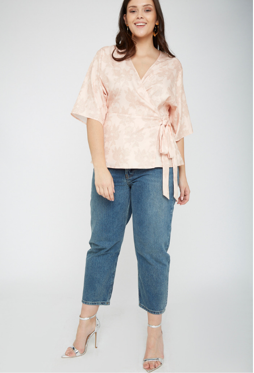 Plus Size Jacquard Wrap Top in Pink