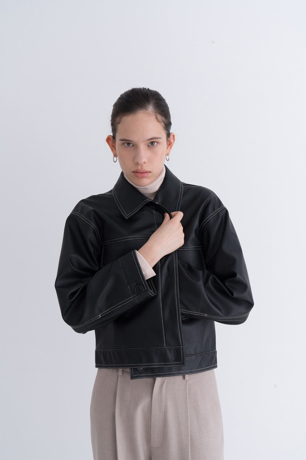 Stitch Pocket Leather Jacket Black