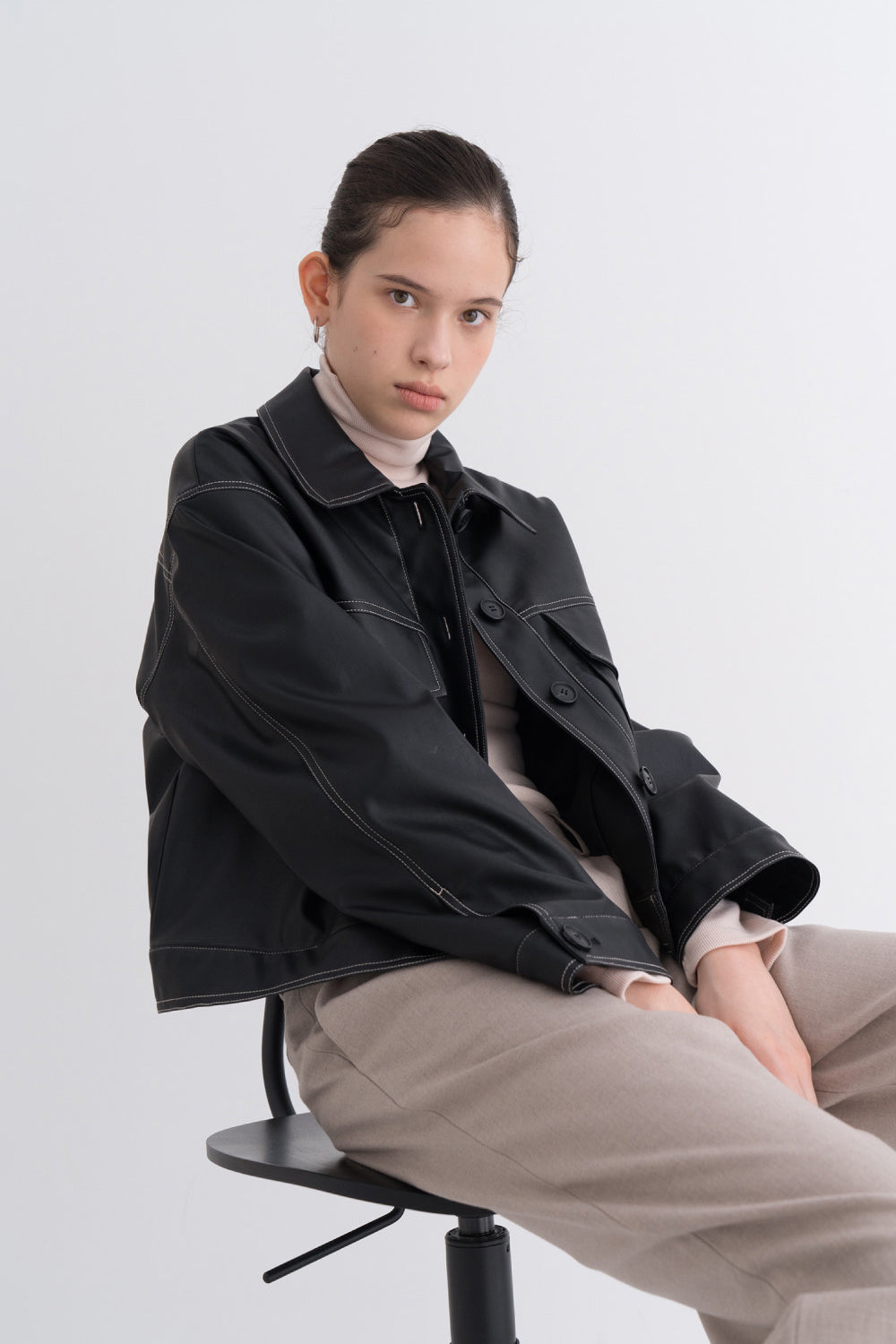 Stitch Pocket Leather Jacket Black