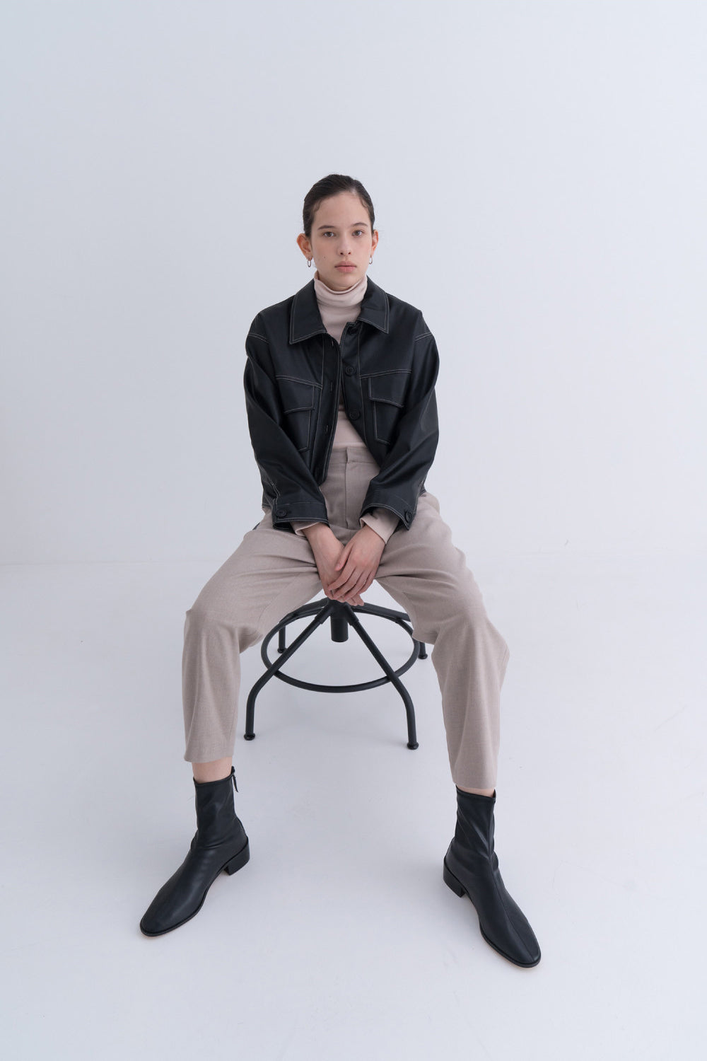Stitch Pocket Leather Jacket Black