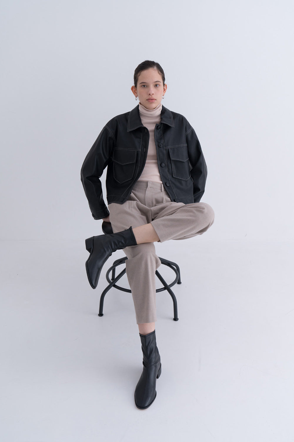 Stitch Pocket Leather Jacket Black