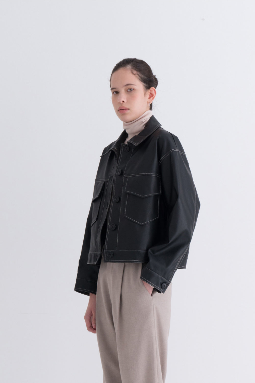 Stitch Pocket Leather Jacket Black