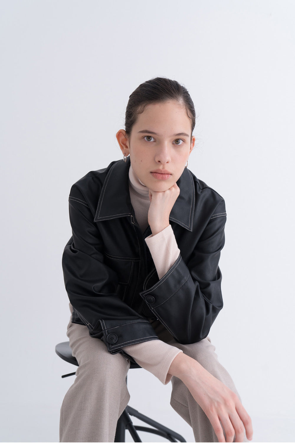 Stitch Pocket Leather Jacket Black