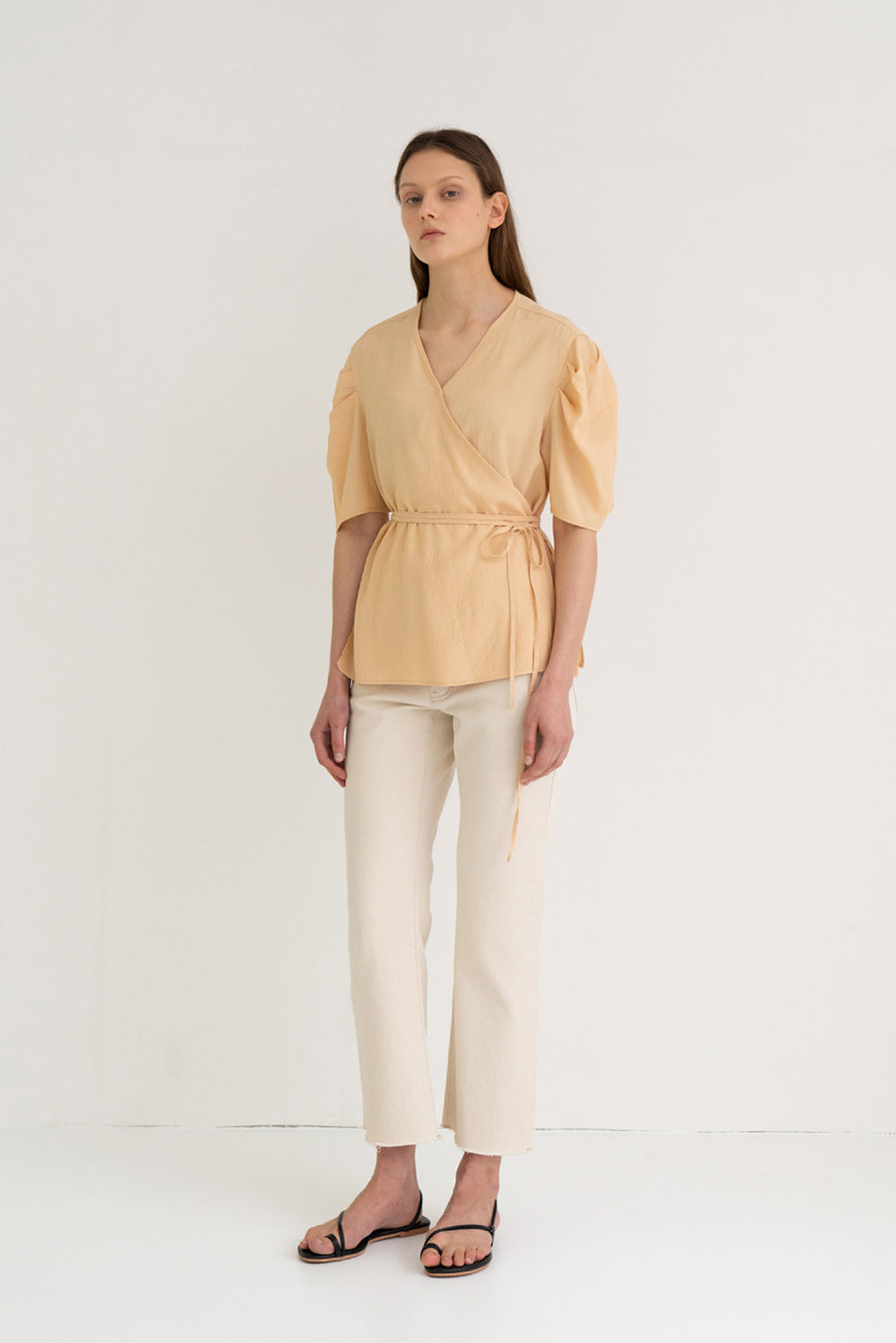 Texture Puff Wrap Top Beige