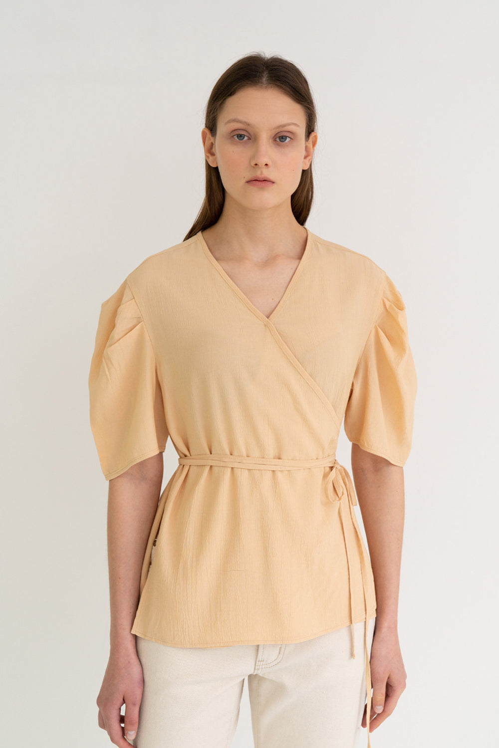 Texture Puff Wrap Top Beige
