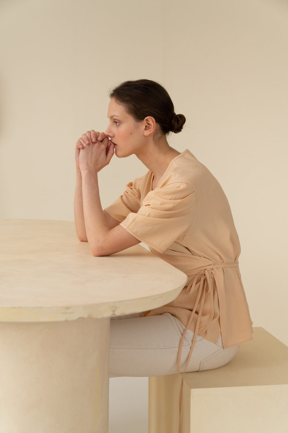 Texture Puff Wrap Top Beige