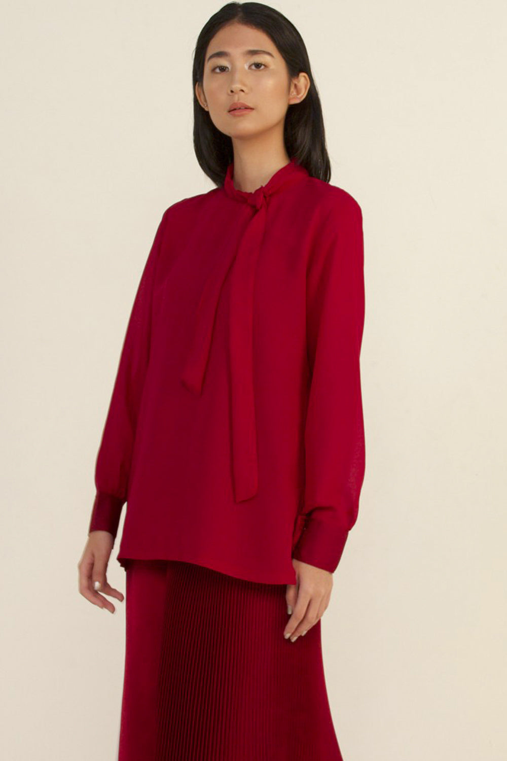Carmine Ribbon Tie Neck Top