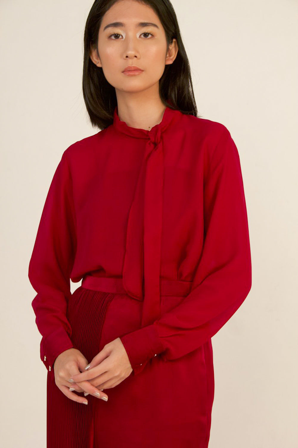 Carmine Ribbon Tie Neck Top