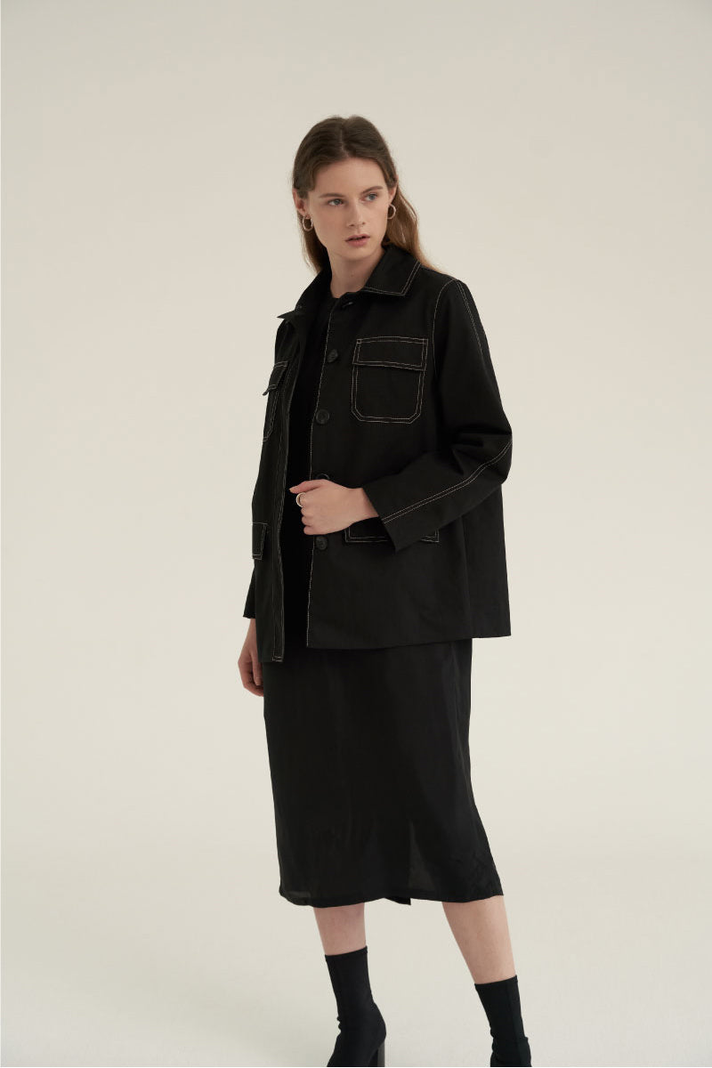 Shirring Neck Comfort Dress Black