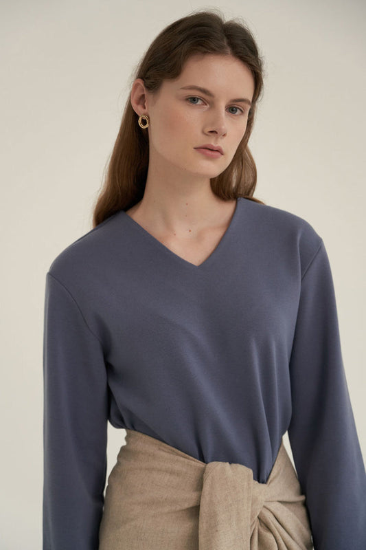 V-Neck Simple Top Dusty Blue