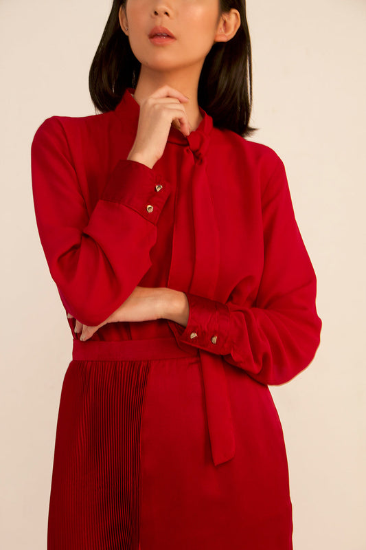 Carmine Ribbon Tie Neck Top