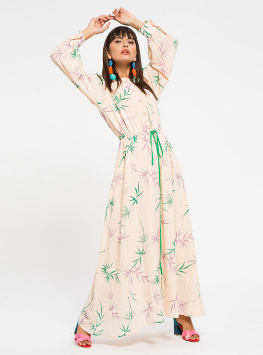 Leaf Print Dress with Belt