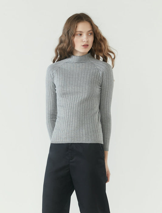 Ribbed Knit Long Sleeve Top - Heather Grey