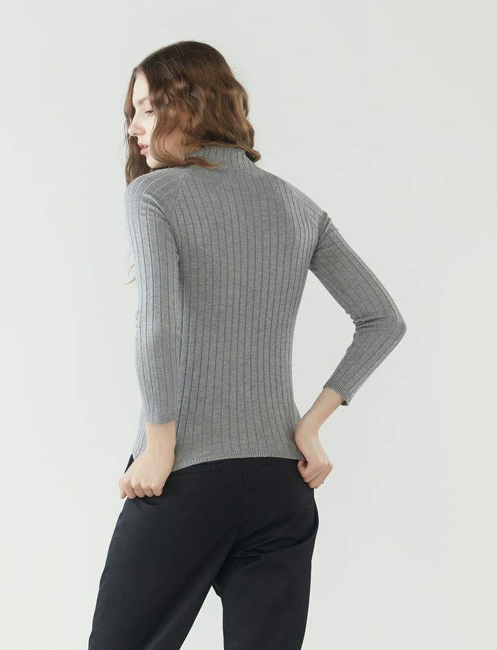 Ribbed Knit Long Sleeve Top - Heather Grey