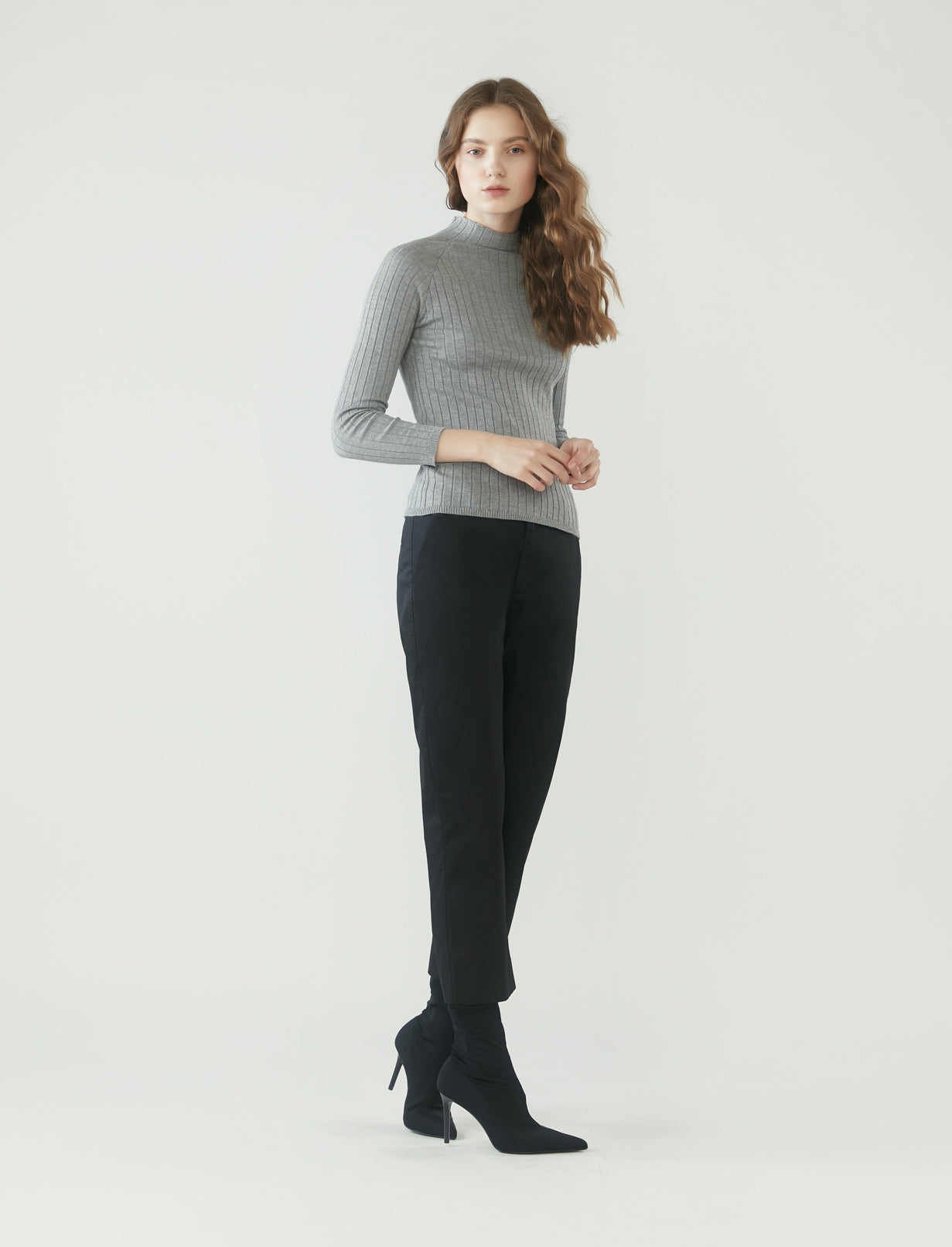 Ribbed Knit Long Sleeve Top - Heather Grey