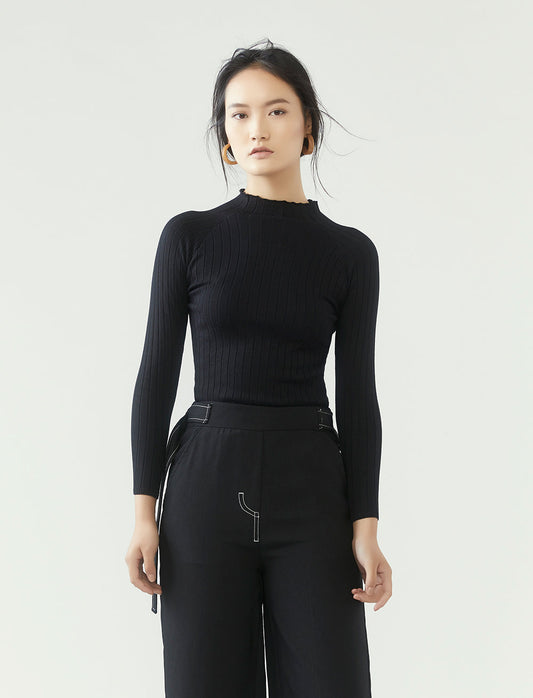 Ribbed Knit Long Sleeve Top - Black