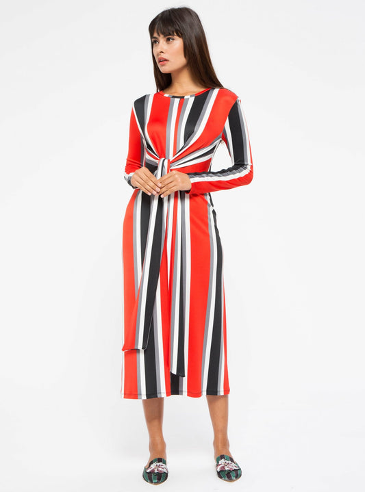 Red Tie Front Stripe Midi Dress