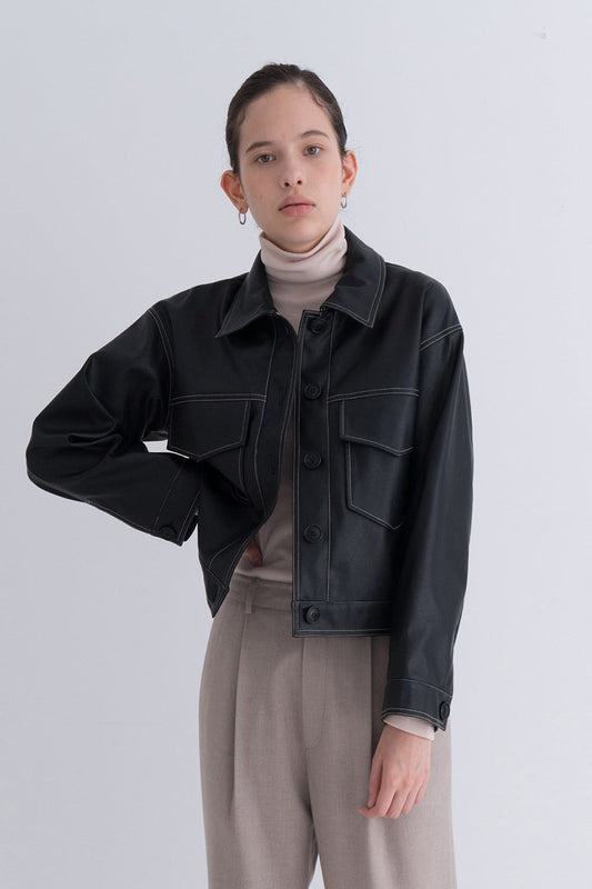 Stitch Pocket Leather Jacket Black