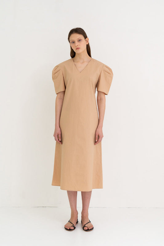 Mono Puff Long Dress Beige