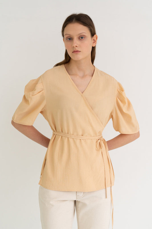 Texture Puff Wrap Top Beige